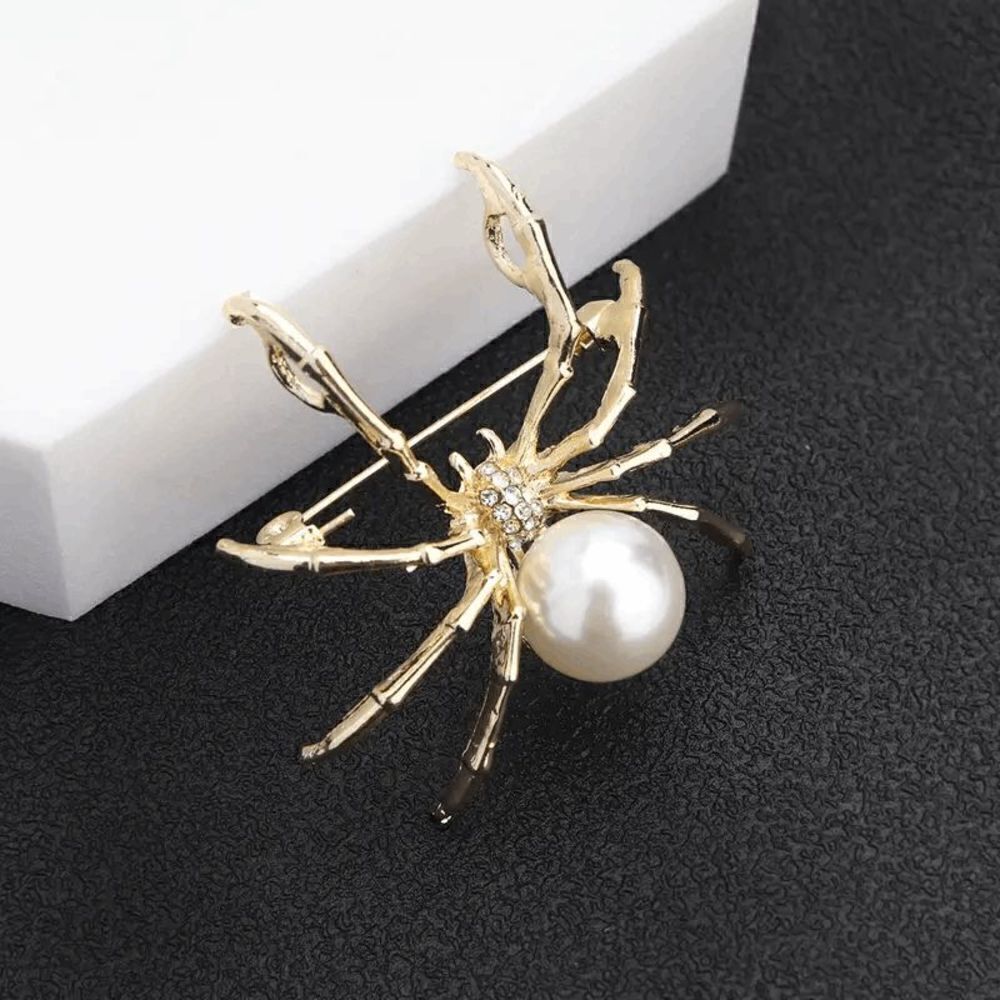 PEARL DIAMOND GOLD SPIDER BROOCH PIN